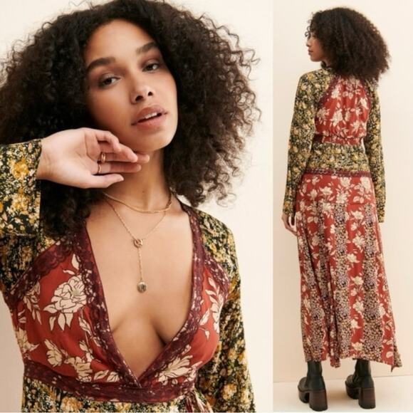 Free People Tilda Maxi Wrap Dress Neutral Combo Large Western Bohemian NWT - Picture 5 of 15